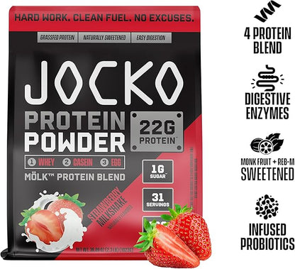 Jocko Mölk Whey Protein Powder 22g Sugar Free Monk Fruit Blend - Muscle Recovery & Growth, Packaging May Vary (31 Servings, Strawberry Milkshake)