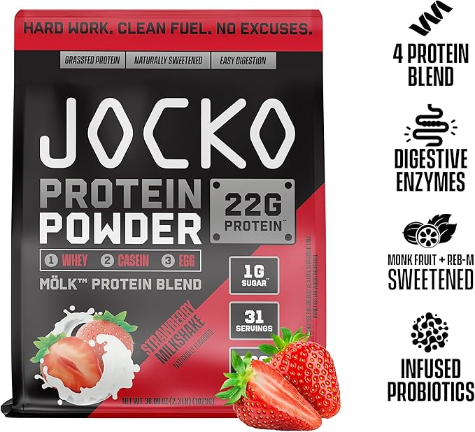 Jocko Mölk Whey Protein Powder 22g Sugar Free Monk Fruit Blend - Muscle Recovery & Growth, Packaging May Vary (31 Servings, Strawberry Milkshake)
