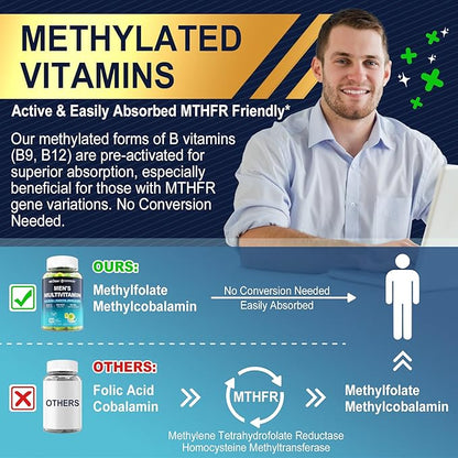 Methylated Multivitamin for Men Gummies, BCAA Amino Acids, Zinc, Vitamin A C D3 E K2 B6 B12 Biotin Calcium, Magnesium, Lycopene, Digestive Enzymes - Energy Muscle Immunity - Sugar Free, Vegan, 60 Cts
