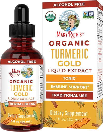 USDA Organic Turmeric Gold Liquid Drops by MaryRuth's | Herbal Blend | Turmeric Curcumin | Black Pepper | Cassia Cinnamon Bark | Ginger Root | Immune Support | Non-GMO Project Verified | Vegan | 1oz