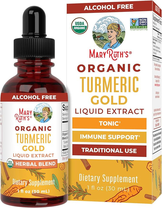 USDA Organic Turmeric Gold Liquid Drops by MaryRuth's | Herbal Blend | Turmeric Curcumin | Black Pepper | Cassia Cinnamon Bark | Ginger Root | Immune Support | Non-GMO Project Verified | Vegan | 1oz