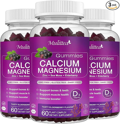 Calcium Magnesium Zinc Gummies with High Absorption Magnesium Glycinate 200mg, Potassium -Plant Calcium Supplement w/ D3 & Sea Moss for Bone, Muscles, Calm Mood & Sleep Support- Kids & adults (3 Pack)