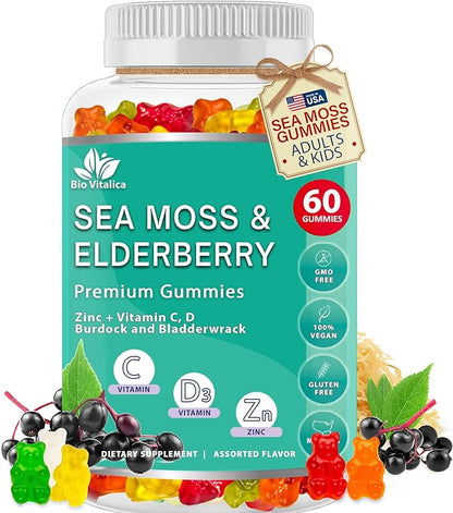 BIO VITALICA Sea Moss Gummies Elderberry BioVitalica - Vitamin C D + Zinc - Irish Seamoss Vegan Gummy with Sea Moss Gel & Powder for Immunity, Detox - for Adults and Kids