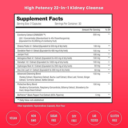 Kidney Cleanse Detox & Repair | 22-In-1 Kidney Health Supplement | Extra Strength 50:1 Cranberry Extract with Bioperine for Increased Absorption | Kidney & Urinary Tract Support & Flush Formula