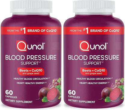 Qunol Blood Pressure Support, 3 in 1 Beets + CoQ10 + Grape Seed Extract, Beet Root Capsules That Supports Healthy Blood Circulation & Heart Healthy Energy, 60 Count (Pack of 2)