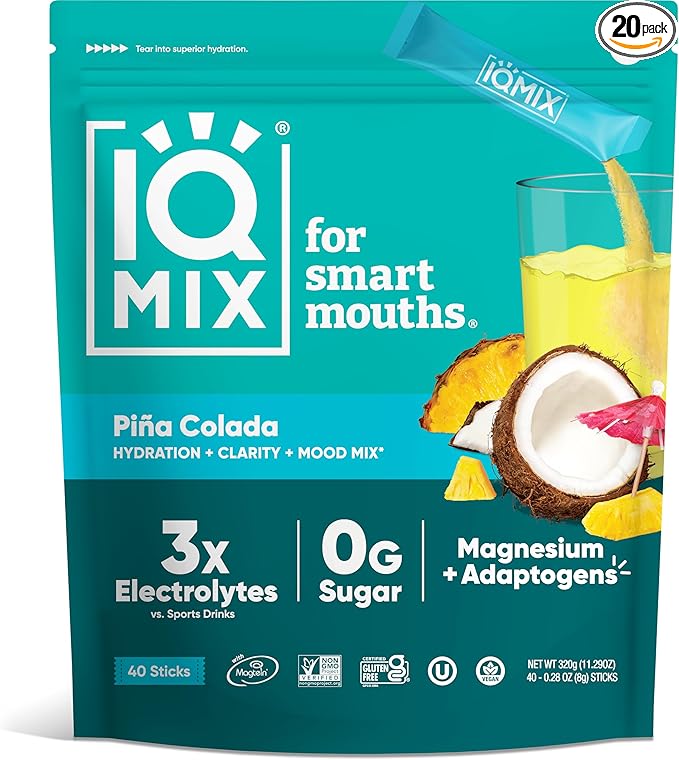 IQMIX Sugar Free Electrolytes Powder Packets - Hydration Supplement Drink Mix with Keto Electrolytes, Lions Mane, Magnesium L-Threonate, and Potassium Citrate - Piña Colada (40 Count)