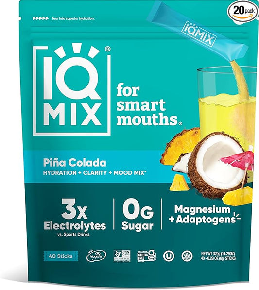 IQMIX Sugar Free Electrolytes Powder Packets - Hydration Supplement Drink Mix with Keto Electrolytes, Lions Mane, Magnesium L-Threonate, and Potassium Citrate - Piña Colada (40 Count)