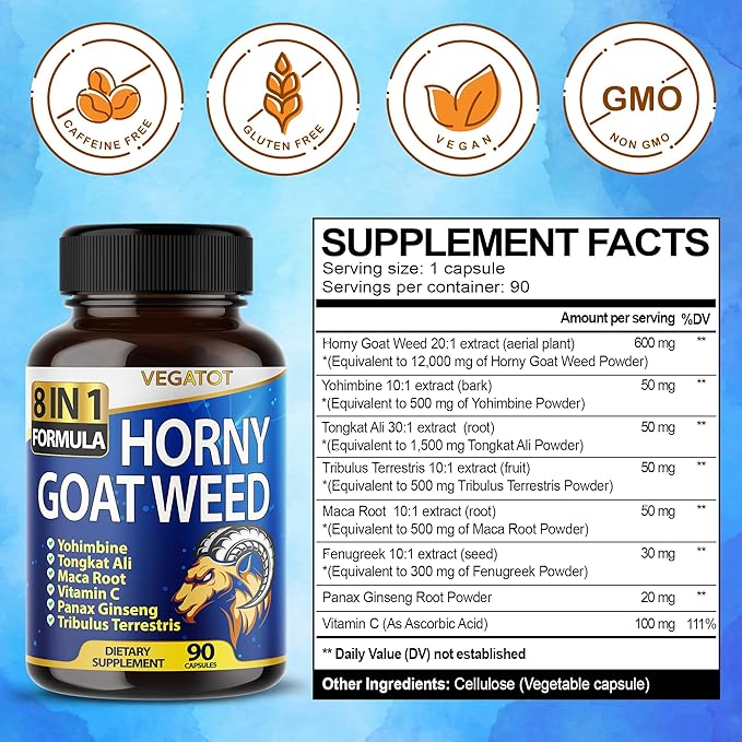 VEGATOT 8 in 1 High Strength Horny Goat Weed 15,420MG Concentrated Extract with Yohimbine Tongkat Ali Maca Root Fenugreek Boost Energy Stamina 3-Month Supply (90 Count (Pack of 1))