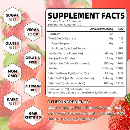 Iron Gummies for Women, Men & Kids, Sugar Free Iron Supplement with Calcium, Zinc, Folate & Vitamin B12, C, B6 - for Blood Building & Energy Support, Anemia, Strawberry, 120 Count