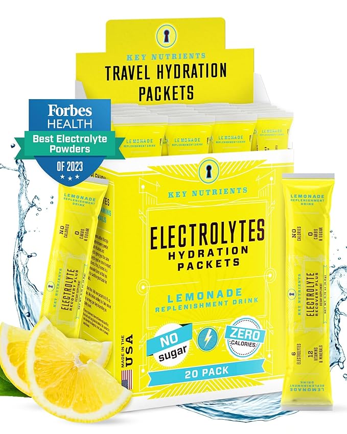 KEY NUTRIENTS Electrolytes Powder Packets - Refreshing Lemonade 20 Pack Hydration Packets - Travel Hydration Powder - Made in USA - No Sugar, No Calories, Gluten Free