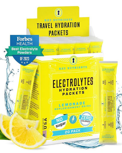 KEY NUTRIENTS Electrolytes Powder Packets - Refreshing Lemonade 20 Pack Hydration Packets - Travel Hydration Powder - Made in USA - No Sugar, No Calories, Gluten Free