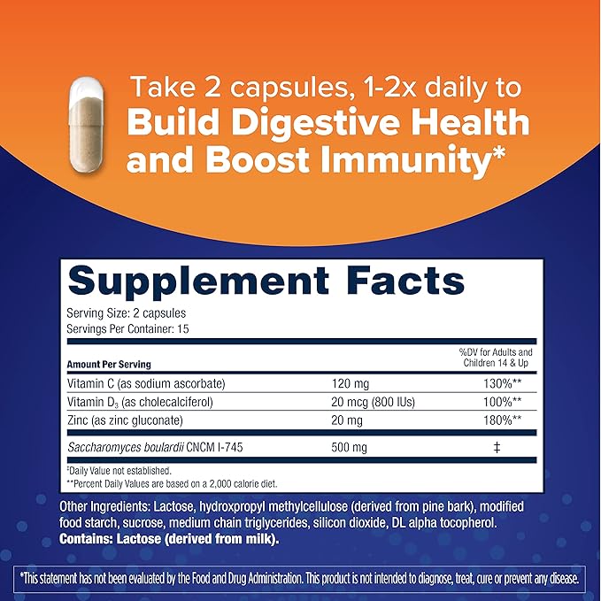 Florastor Select Immunity Boost Daily Probiotic & Immune Support Supplement for Women and Men, Saccharomyces Boulardii CNCM I-745 Plus Zinc, Vitamin C & D3 (30 Capsules)