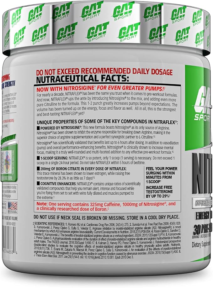 GAT SPORT Nitraflex Advanced Pre-Workout Powder, Increases Blood Flow, Boosts Strength and Energy, Improves Exercise Performance, Creatine-Free (Green Apple, 30 Servings)