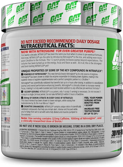 GAT SPORT Nitraflex Advanced Pre-Workout Powder, Increases Blood Flow, Boosts Strength and Energy, Improves Exercise Performance, Creatine-Free (Green Apple, 30 Servings)