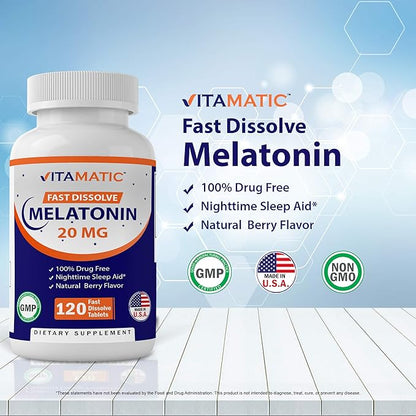 Vitamatic 2 Pack Melatonin 20mg Fast Dissolve 120 Tablets - Natural Berry Flavor | Vegetarian, Non-GMO, Gluten Free (Total 240 Tablets)