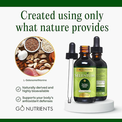 Go Nutrients Selenium 200 mcg Supplement, Yeast-Free Liquid Drops, Selenium Drops, Herbal Supplements with Trace Mineral Selenium and Purified Water, Selenium Liquid - 1.0 oz Bottle