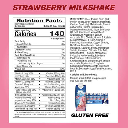 Pure Protein Strawberry Protein Shake, 30g Complete Protein, Ready to Drink and Keto-Friendly, Vitamins A, C, D, and E plus Zinc to Support Immune Health, 11oz Bottles, 12 Pack