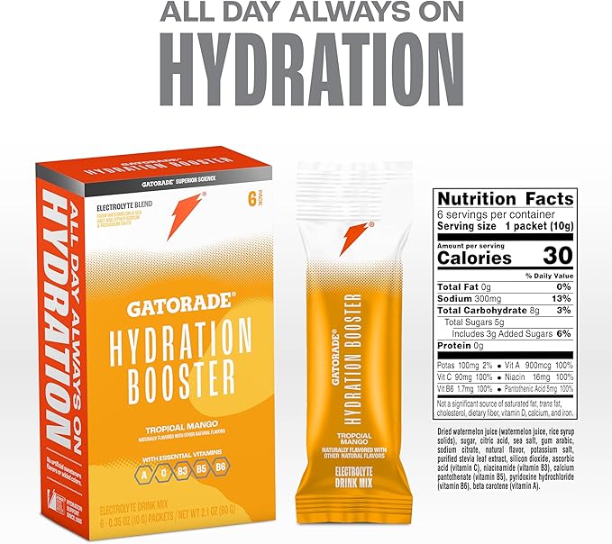 Gatorade Hydration Booster, Tropical Mango, Makes 20 Fl Oz (Pack of 6)