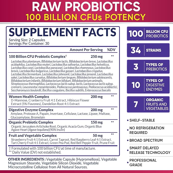 Dr. Formulated Raw Probiotics for Women 100 Billion CFUs with Prebiotics, Digestive Enzymes, Approved Women's Probiotic for Adults, Shelf Stable Probiotic Supplement Capsules