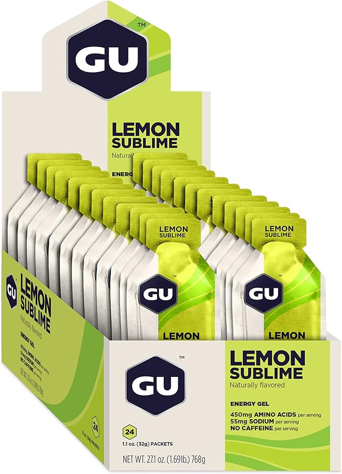 GU Energy Original Sports Nutrition Energy Gel, Vegan, Gluten-Free, Kosher, and Dairy-Free On-the-Go Energy for Any Workout, 24-Count, Lemon Sublime