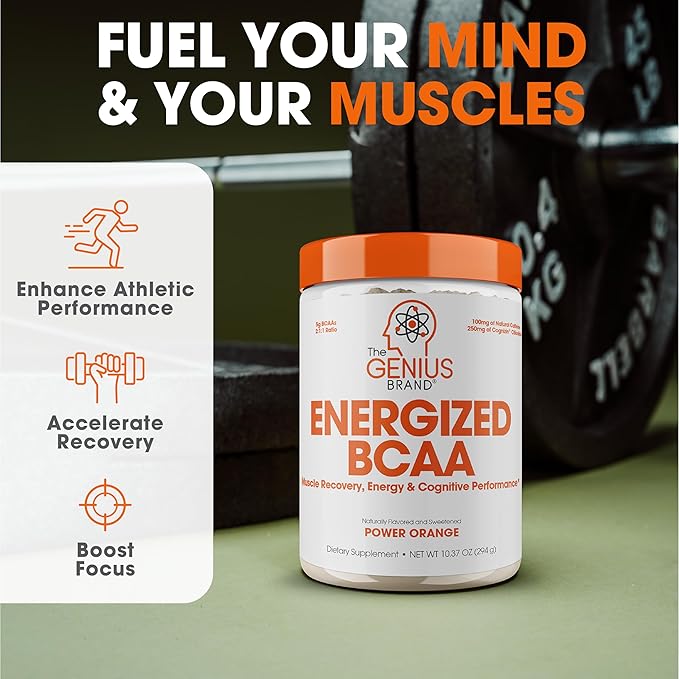 Genius BCAA Energy Powder, Orange - Nootropic Amino Acids & Muscle Recovery - Natural Vegan BCAAs Workout Supplement for Women & Men (Pre, Intra & Post Workout) - No Artificial Sweeteners