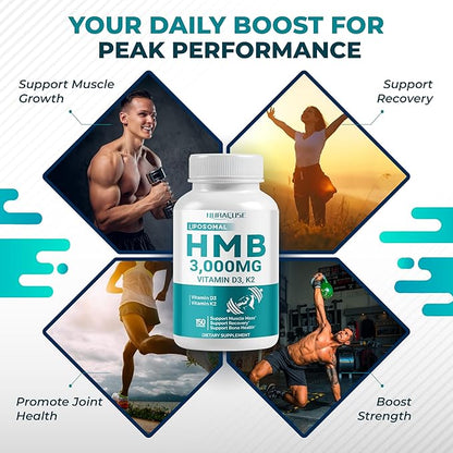 Liposomal HMB 3000mg with Vitamin D3, K2 - Support Muscle Mass, Recovery, Bone Health - Made and Tested in The USA