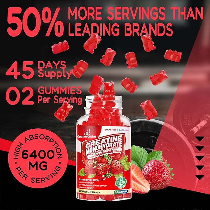 Creatine Monohydrate Gummies Complex 6400mg for Men & Women -Advanced Formula W/L-Taurine + Vitamin B12, Sugar Free Chewable Supplement,90 Strawberry Gummies