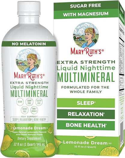 MaryRuth Organics Extra Strength Nighttime Liquid Multimineral Sleep Supplement | Sugar Free | Calm Magnesium Citrate | NO Melatonin | Calcium Magnesium Zinc | Lemonade Flavor | Vegan | 32 Servings