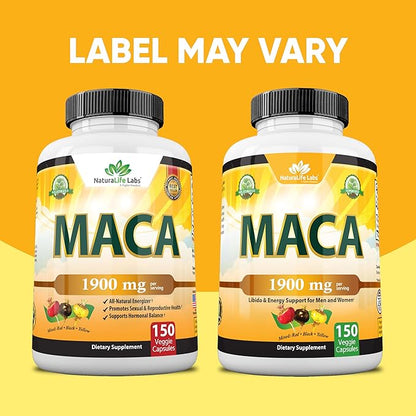Organic Maca Root Black, Red, Yellow 1900 MG per Serving - 150 Vegan Capsules Peruvian Maca Root Gelatinized 100% Pure Non-GMO Supports Reproductive Health Natural Energizer