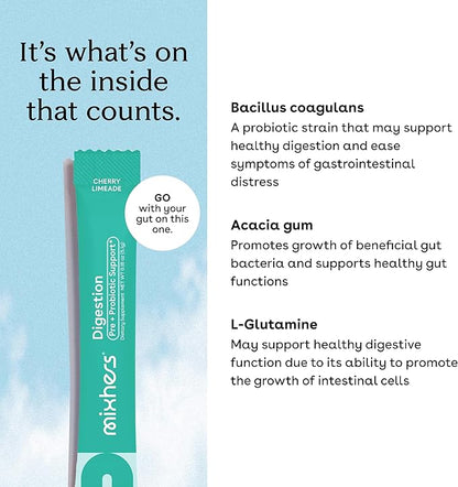 Digestion - Gut Health Supplement - For Metabolism, Digestion & Detox - Prebiotics & Postbiotics Drink Mix - With Bacillus Coagulans & L-Glutamine - 30 Packets - Cherry Limeade
