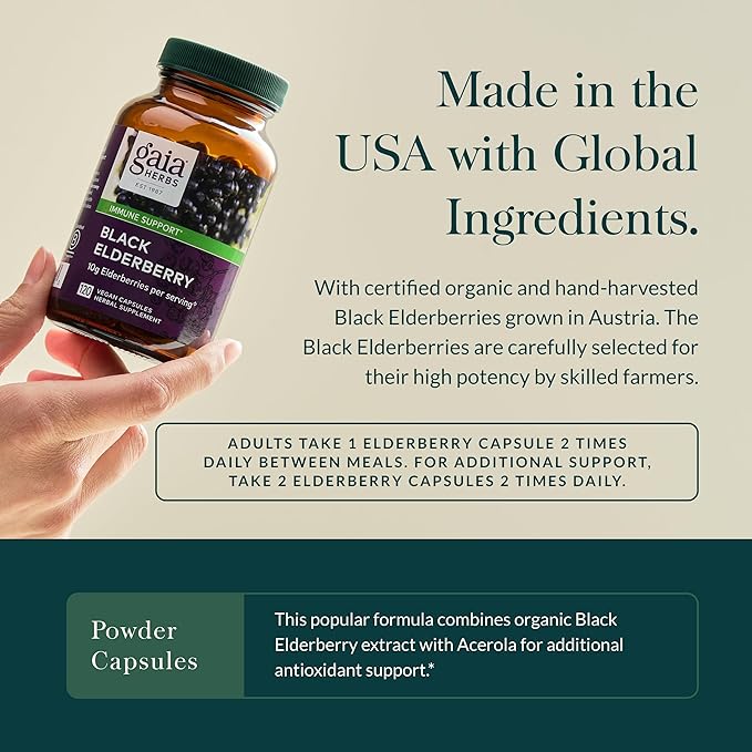 Gaia Herbs Black Elderberry - Daily Immune Support Supplement to Help Maintain Well-Being- with Black Elderberries and Acerola Fruit for Antioxidant Support - 120 Vegan Capsules (60-Day Supply)