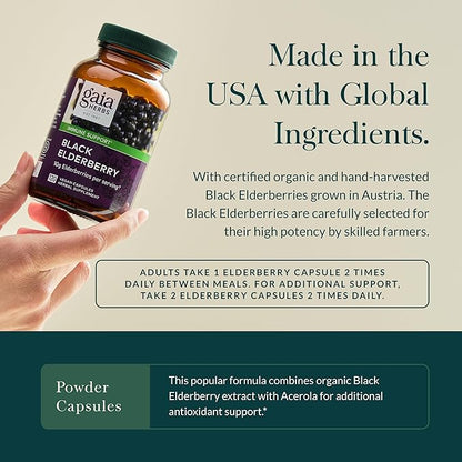 Gaia Herbs Black Elderberry - Daily Immune Support Supplement to Help Maintain Well-Being- with Black Elderberries and Acerola Fruit for Antioxidant Support - 120 Vegan Capsules (60-Day Supply)