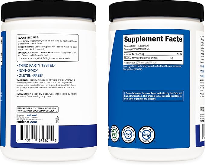 Nutricost Creatine Monohydrate Powder (Blue Raspberry), 500 Grams (1.1 LBS)