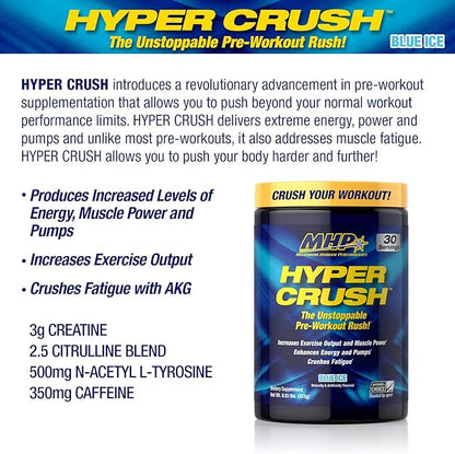 Maximum Human Performance MHP HYPER CRUSH Pre Workout energy drink creatine beta alanine nitric oxide pump citrulline AKG 30 Servings, Blue Ice, 14.88 Ounce