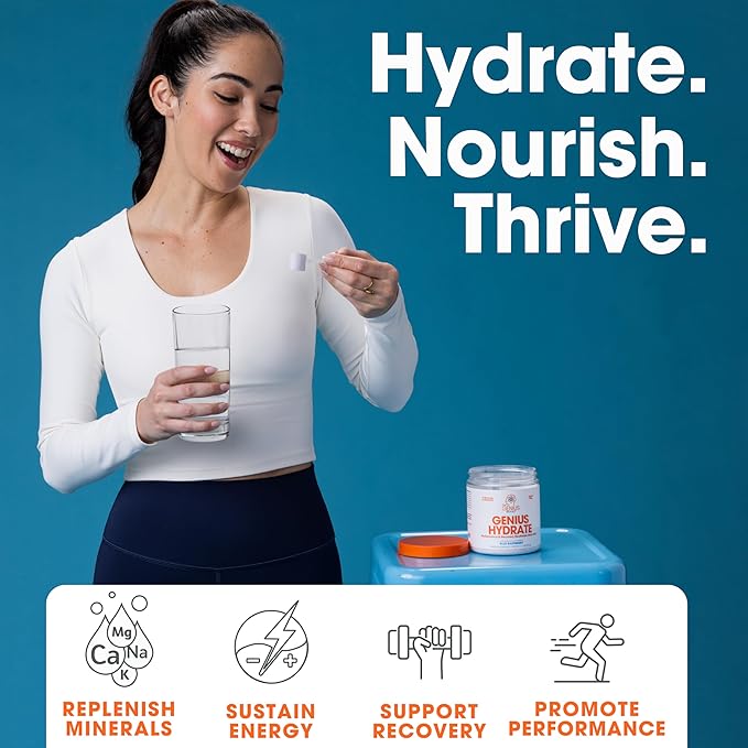 Genius Hydrate Powder Drink Mix Blue Raspberry 50 Servings - Natural Electrolyte Hydration Booster Endurance Supplement with Coconut Water Potassium Magnesium Zinc Sugar Free No Artificial Sweeteners