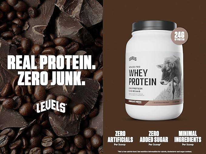 Levels Grass Fed Whey Protein Powder, No Artificials, 24G of Protein, Chocolate Mocha, 2LB