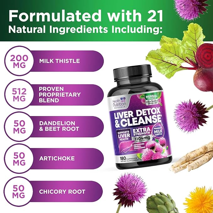 Gentle Liver Cleanse Detox & Repair Formula - Herbal Liver Support Supplement: Milk Thistle with Silymarin, Artichoke Extract, Dandelion, Beet, Chicory Root, & Turmeric for Liver Health - 180 Capsules
