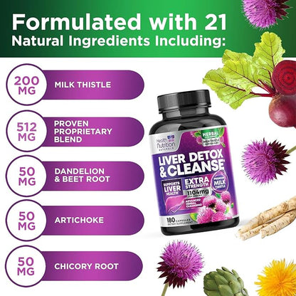 Gentle Liver Cleanse Detox & Repair Formula - Herbal Liver Support Supplement: Milk Thistle with Silymarin, Artichoke Extract, Dandelion, Beet, Chicory Root, & Turmeric for Liver Health - 180 Capsules