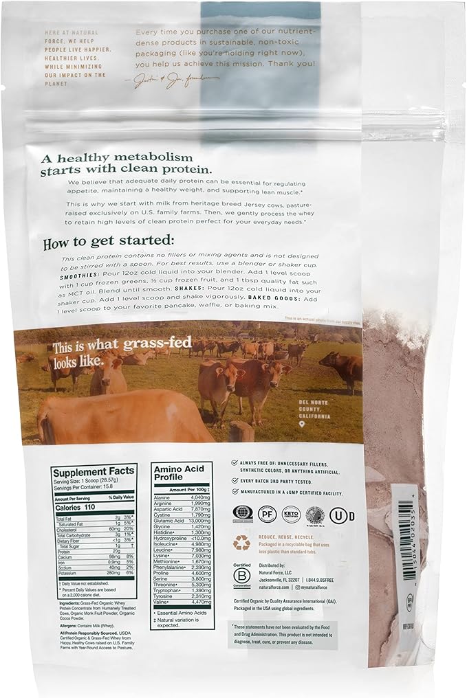 Natural Force Whey Protein Powder – Chocolate – Grass Fed Organic, Pure, Keto & Paleo Friendly, Low Carb, Kosher, Non GMO – 1 Pound