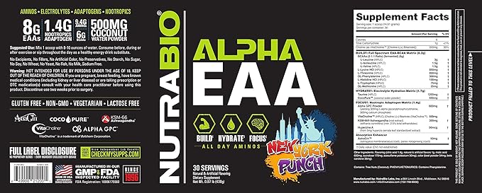 NutraBio Alpha EAA Hydration and Recovery Supplement - Full Spectrum EAA BCAA Matrix with Electrolytes, Nootropics, Coconut Water - Recovery, Energy, Focus, and Hydration Supplement - New York Punch