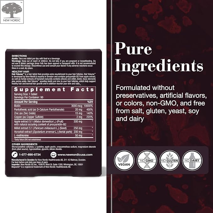 NEW NORDIC Hair Volume Tablets, 3000 mcg Biotin & Biopectin Apple Extract, Hair Vitamins to Support Natural Hair Growth for Thicker, Fuller Hair, for Men and Women, 90 Count (Pack of 1)