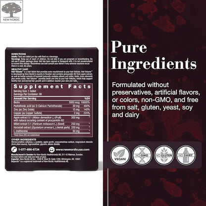 NEW NORDIC Hair Volume Tablets, 3000 mcg Biotin & Biopectin Apple Extract, Hair Vitamins to Support Natural Hair Growth for Thicker, Fuller Hair, for Men and Women, 90 Count (Pack of 1)