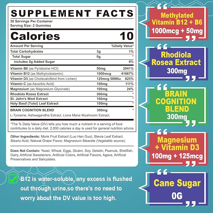 Focus Memory & Energy Gummies, L-Tyrosine + Methyl B12 1000mcg, B6 50mg, D3 C, Lion's Mane Mushroom, for 15+ Students, Office Worker, Multivitamin, Herb Blend for Seniors Brain & Cognition, Sugar Free