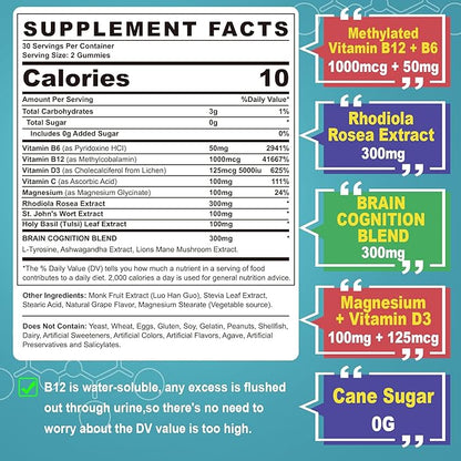 Focus Memory & Energy Gummies, L-Tyrosine + Methyl B12 1000mcg, B6 50mg, D3 C, Lion's Mane Mushroom, for 15+ Students, Office Worker, Multivitamin, Herb Blend for Seniors Brain & Cognition, Sugar Free