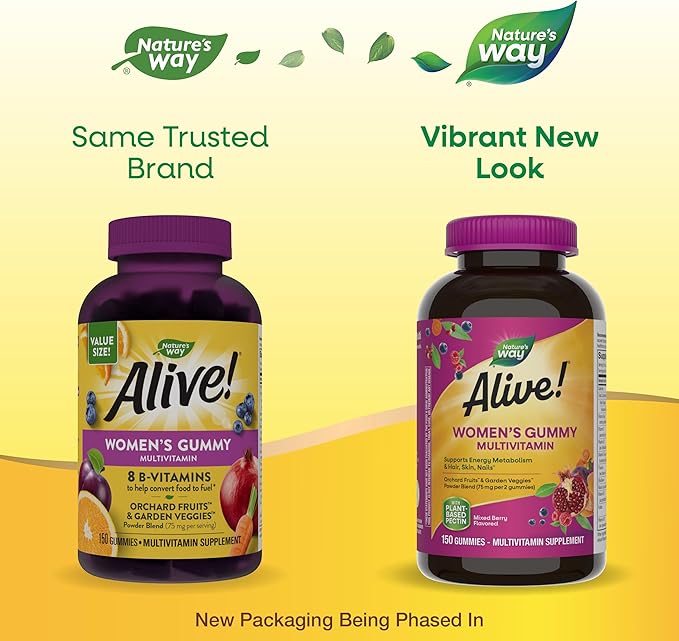 Nature's Way Alive! Women's Daily Gummy Multivitamins, 16 Vitamins & Minerals, Energy Metabolism*, Hair Skin & Nails*, Vegetarian, Mixed Berry Flavored, 150 Gummies (Packaging May Vary)