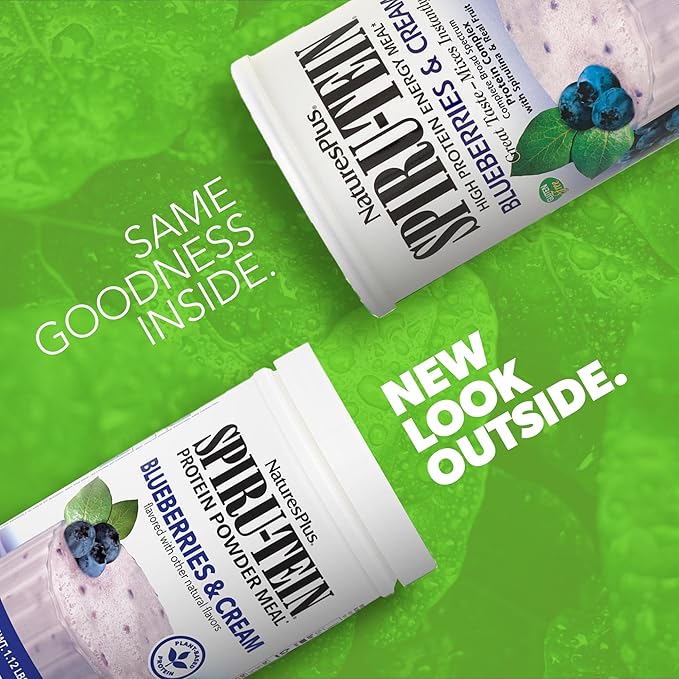 NaturesPlus SPIRU-TEIN, Blueberries & Cream - 1.12 lb - Plant-Based Protein Powder - Vitamins & Minerals for Energy - Vegetarian, Gluten Free - 15 Servings