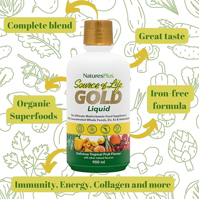 Natures Plus Source of Life Gold Multivitamin Liquid - 30 oz - with Vitamins D3, B12 & K2 - Blood, Bone & Immune Support - Vegetarian & Gluten Free - 30 Servings