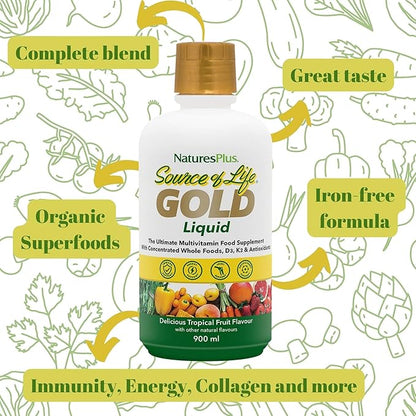 Natures Plus Source of Life Gold Multivitamin Liquid - 30 oz - with Vitamins D3, B12 & K2 - Blood, Bone & Immune Support - Vegetarian & Gluten Free - 30 Servings