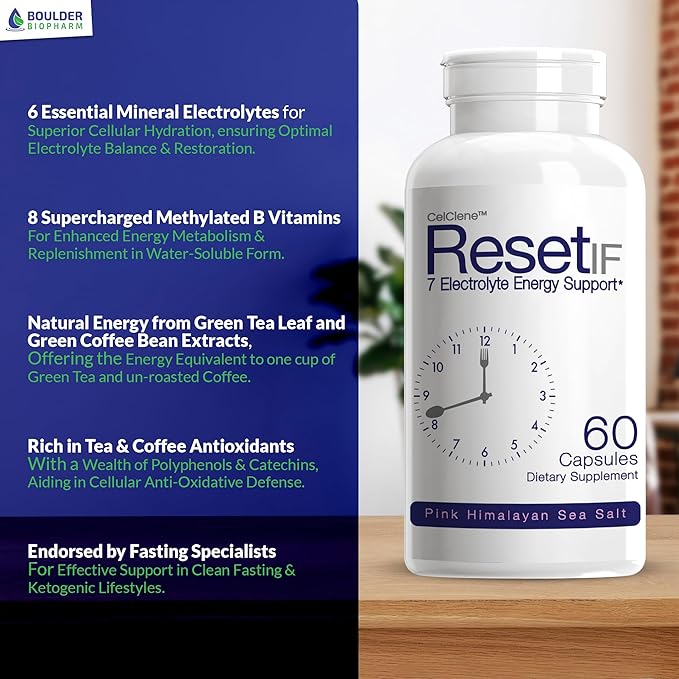 ResetIF Intermittent Fasting, 7 Energy Electrolytes, Methyl B12 and Methyl Folate, Pink Salt, Green Tea & Green Coffee Extracts, B Complex, Zinc, 72 Trace Minerals