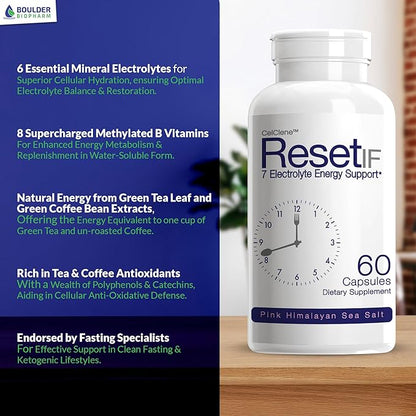 ResetIF Intermittent Fasting, 7 Energy Electrolytes, Methyl B12 and Methyl Folate, Pink Salt, Green Tea & Green Coffee Extracts, B Complex, Zinc, 72 Trace Minerals